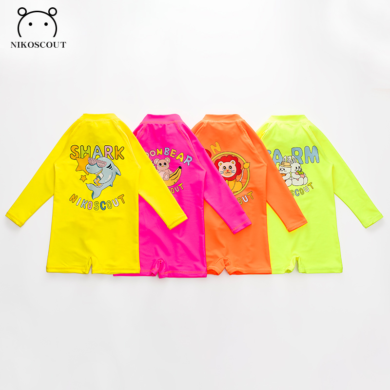 女童洋气游泳衣多巴胺荧光色海边长袖防晒连体儿童a类速干3岁男童