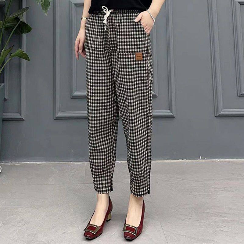 复古格子小脚休闲九分裤女2024夏季宽松大码松紧腰系带显瘦哈伦裤,服饰配件/皮带/帽子/围巾,二件套,淘宝优惠券,粉丝福利购,淘宝优惠卷