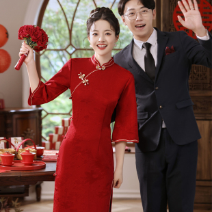长袖旗袍敬c酒服新娘秋冬订婚礼服结婚酒红色小个子中式回门便装