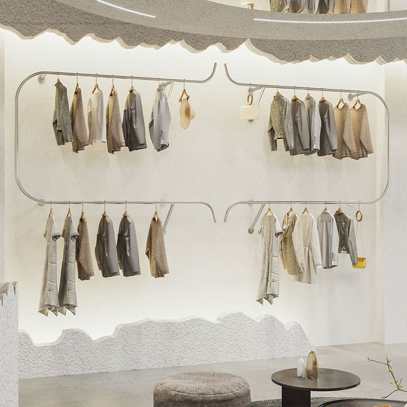 服装店衣服架创意双层不锈钢银色挂衣架女装货架陈列架上墙展示架