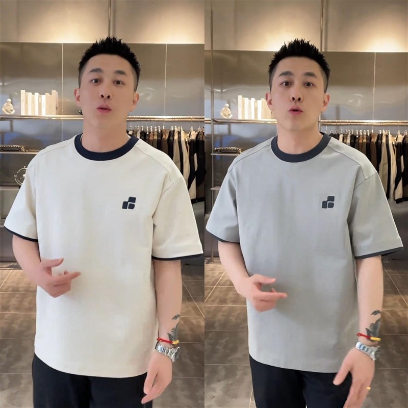 2025夏季潮牌假两件圆领短袖男简约时尚撞色宽松百搭休闲半袖T恤