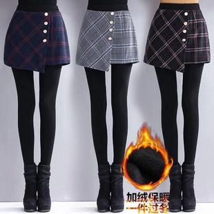 假两件打底裤女春秋冬加绒加厚一体百褶裙外穿显瘦高Y腰连裤裙大