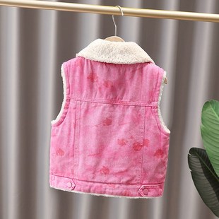 女童加绒牛仔马甲秋冬p2024新款洋气女宝宝棉马夹女孩坎肩背心外