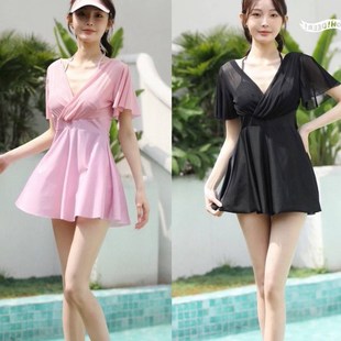 泳衣女裙式带钢圈聚拢修身遮肚子修身显瘦妈M妈连体泳装保守泡温