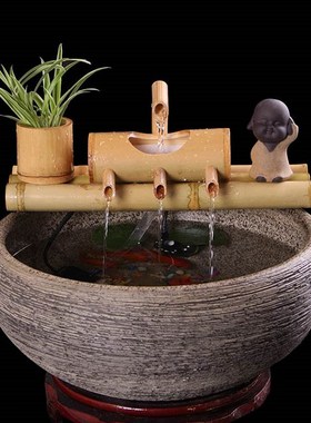 假山流水器水h循环陶瓷鱼缸客厅室内装饰竹排喷泉景观造景摆件