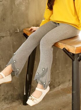 女童打底裤春秋20m21新款时髦洋气裤子儿童黑色长裤纯棉外穿喇叭