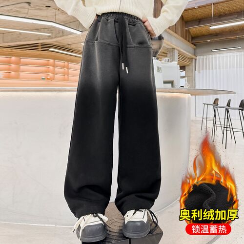 女童加绒裤子秋冬202r3新款加厚一体绒冬季儿童大童休闲直筒阔腿