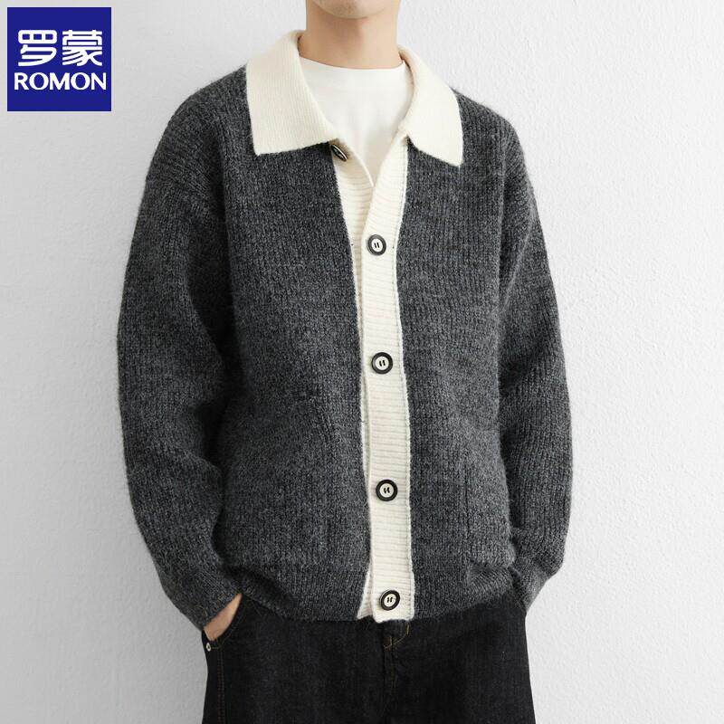 罗蒙假两件针织衫男春秋季宽松开衫毛线衣男士高级感休闲翻领外套