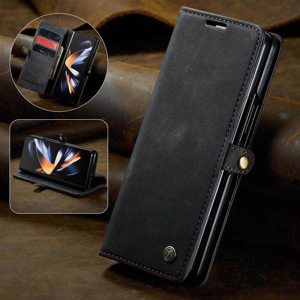 适用三星Z Fold5复古磨砂皮套Fold7插卡手机壳6翻盖W23钱包保护套