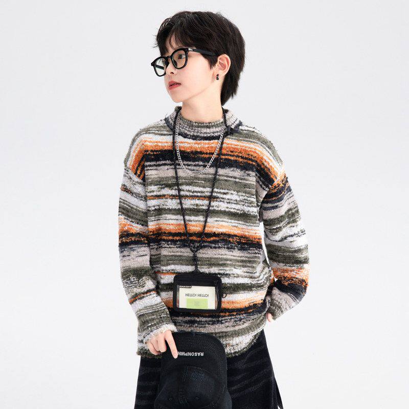条纹冬天针织衫高领韩范撞色新款2025半毛衣秋冬上衣男童儿童加厚
