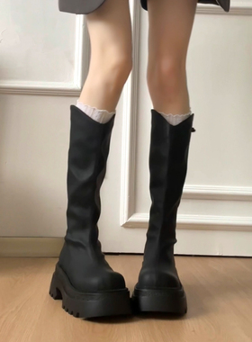 实拍现货韩版厚底长筒靴女秋冬季黑色显瘦骑士靴堆堆靴中跟圆头