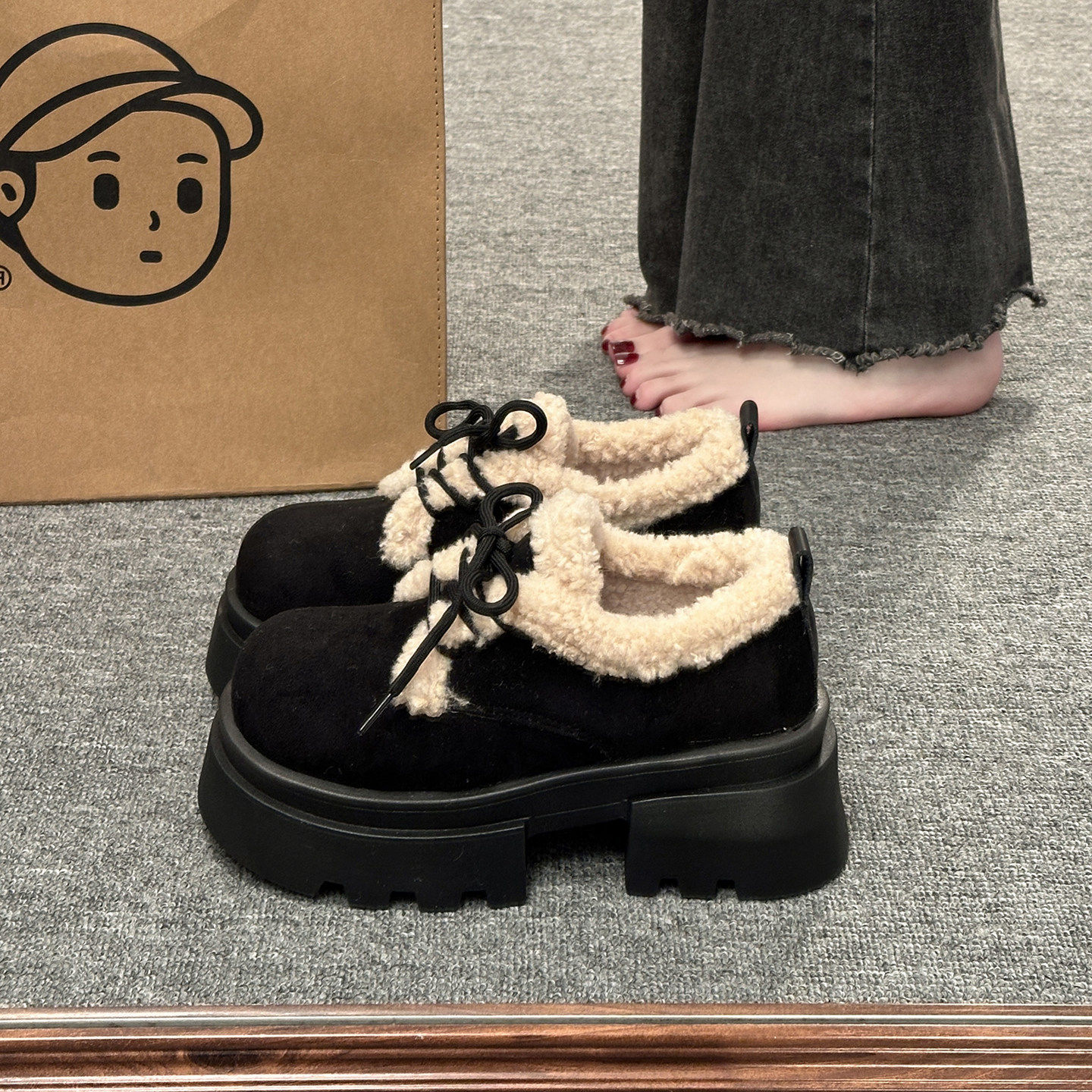 2026新款英伦风黑色厚底加绒乐福鞋女保暖毛绒豆豆鞋棉鞋女,女鞋,乐福鞋（豆豆鞋）,淘宝优惠券,粉丝福利购,淘宝优惠卷