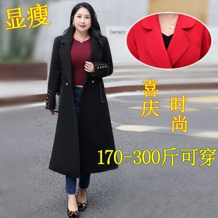 300斤大码 过膝红色秋冬外 毛呢j子大衣女200胖mm气质西装 领中长款