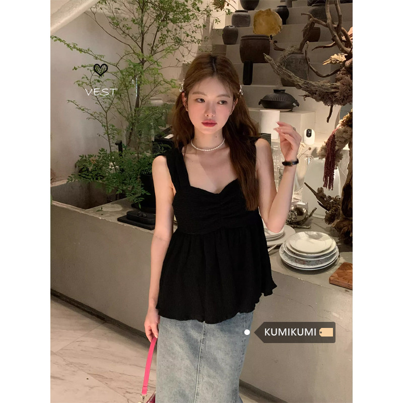 独特别致黑色海边休闲外穿吊带背心女夏季设计感小众显瘦绝美上衣