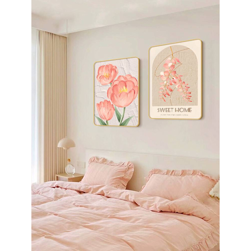 奶油风卧室装饰画抽象床头背景墙壁画北欧小清新花卉主人房挂画图片