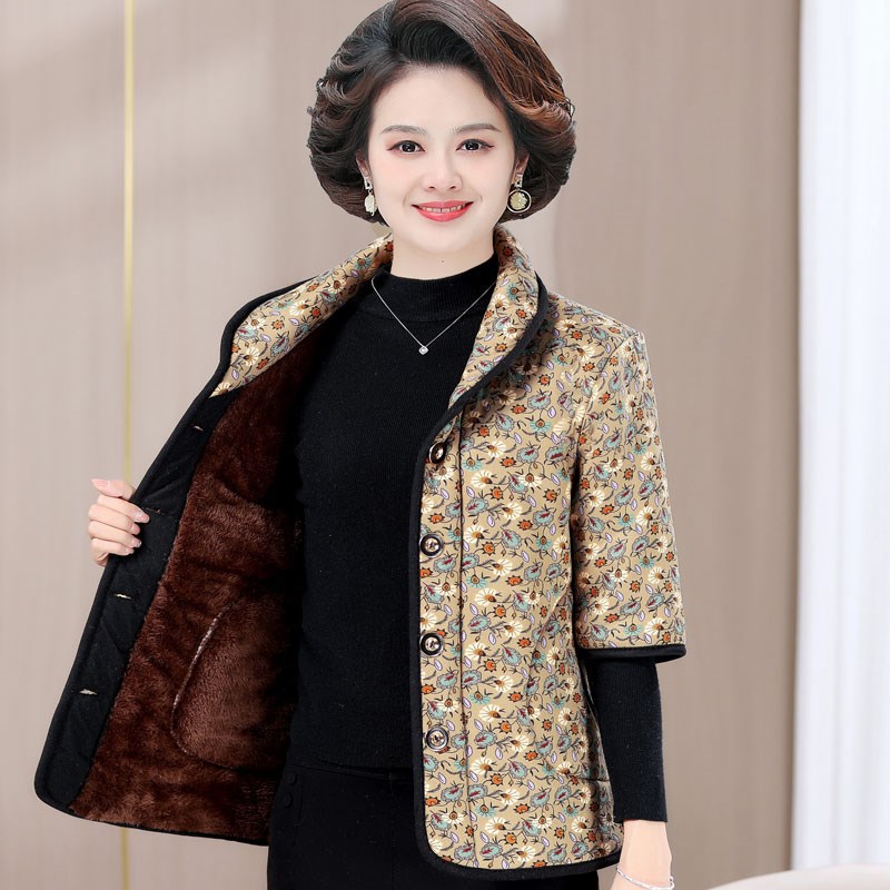 妈妈装七分袖棉衣外套马甲短袖秋冬季加绒中老年女装半袖马夹外穿