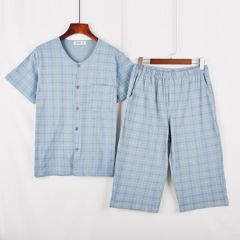 男夏季纯棉短g袖短裤薄款中老年爸爸家居服背心加肥加大半袖七分