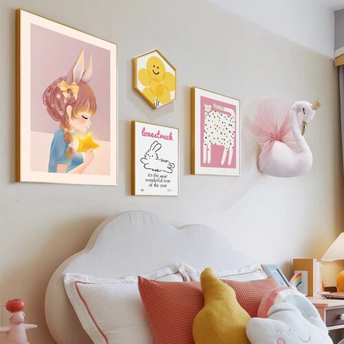 可爱女孩卧室床头装m饰画儿童房间背景墙面挂画粉色公主房创意壁
