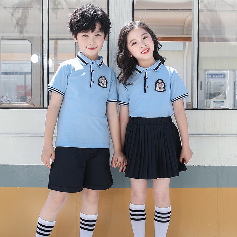 英伦学院风校服夏季儿童班服天蓝色纯棉短袖薄款小学生幼儿园园服