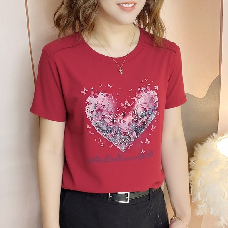时尚休闲减龄百搭圆领短袖T恤夏季中年女士妈妈装印花烫钻体恤衫