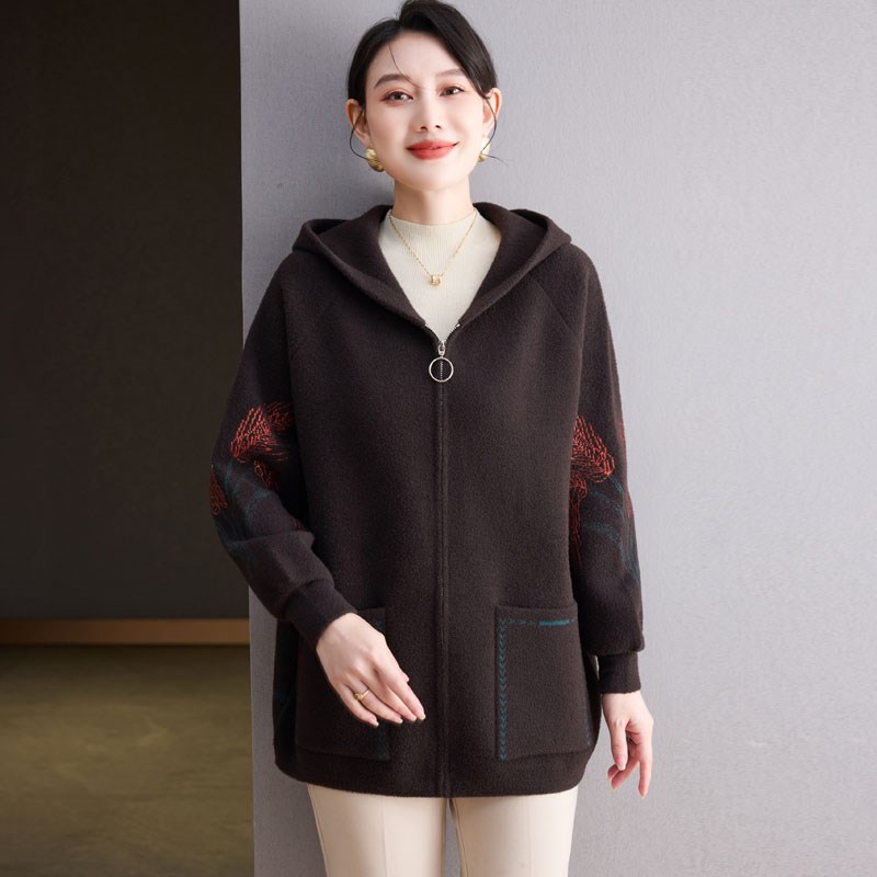 时尚妈妈装春秋外套中年女毛呢连帽上衣中老年秋冬装双面呢子大衣