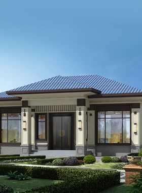 农村一层自建房子别墅设计图纸1层平房带院子中式乡墅别墅工场128