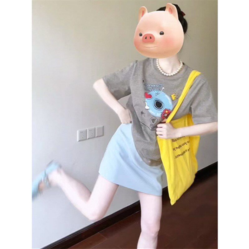夏季多巴胺穿搭一整套韩系减龄小个子学院风短袖T恤裙子两件套装