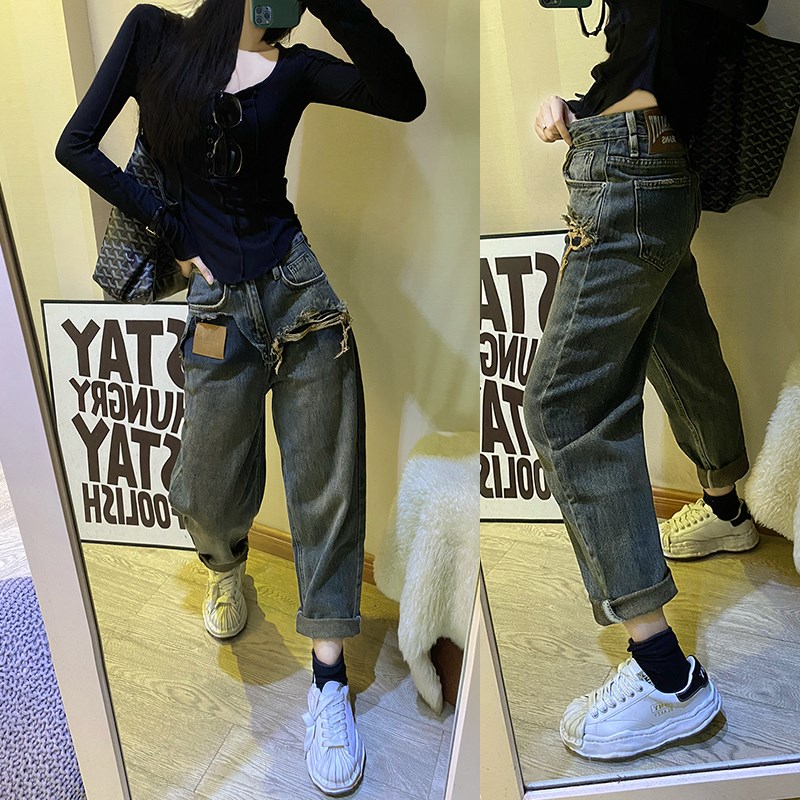 2024春秋新款做旧复古蓝高腰哈伦牛仔裤女韩版宽松老爹裤跨裤女潮