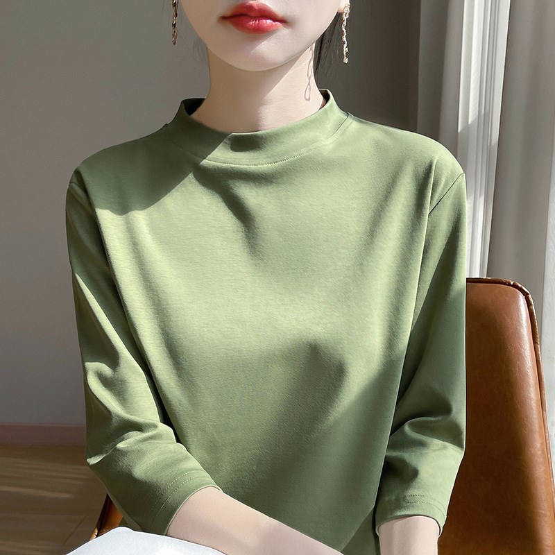 100%纯棉七分袖T恤女半高领丝光棉短袖上衣宽松纯色半袖内搭打底