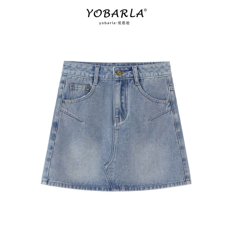 浅色牛仔短裙女夏季新款大码梨形身材胖mm高腰遮肚显瘦a字半身裙