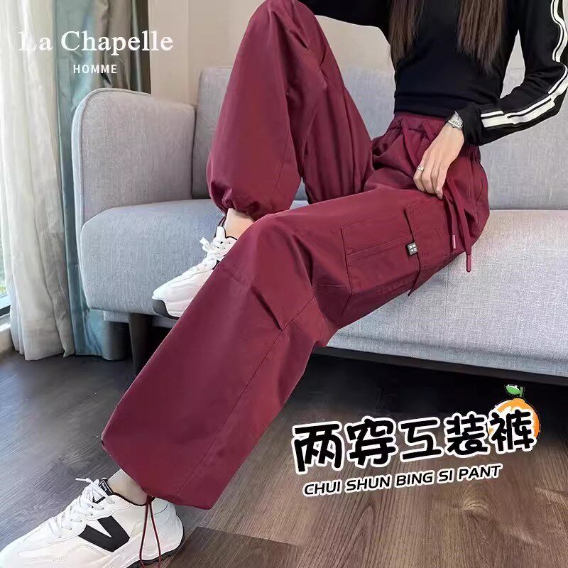 可安拉红美式工装裤女春秋2024新款小个子登山抽绳束脚阔腿运动裤