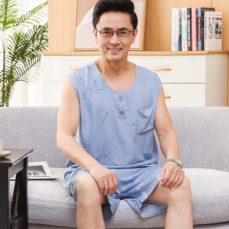 夏季背心棉绸男士睡衣爸爸u人造棉家居服薄款纯色中老年人棉绸套