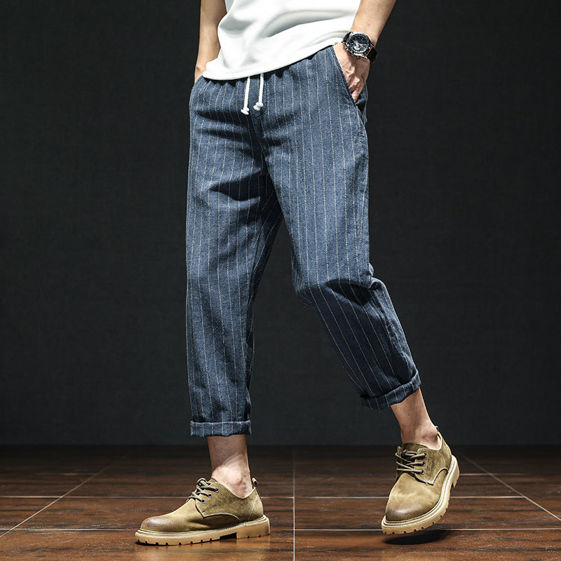 夏季薄款棉麻九分裤男款竖条纹裤子休闲八分9分裤8宽松直筒高级感