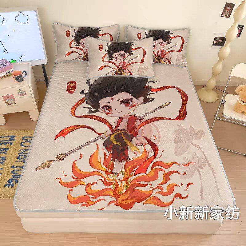 卡通哪吒冰丝席儿童透气凉席印花冰凉席凉而不冰可水洗席子空调席