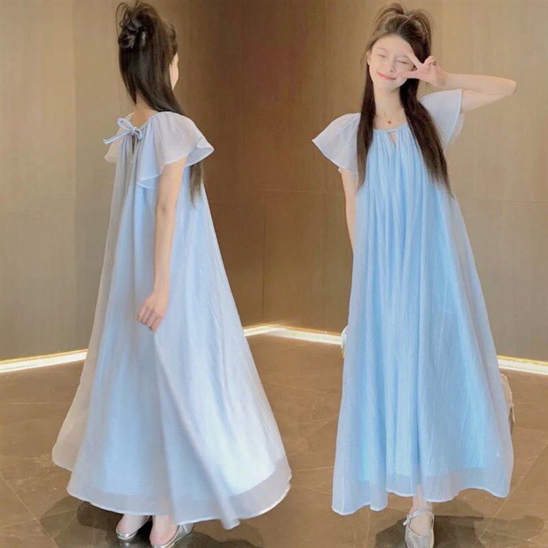 孕妇装夏季连衣裙遮肚子超仙爆款宽松慵懒风显瘦系带小飞袖裙子女