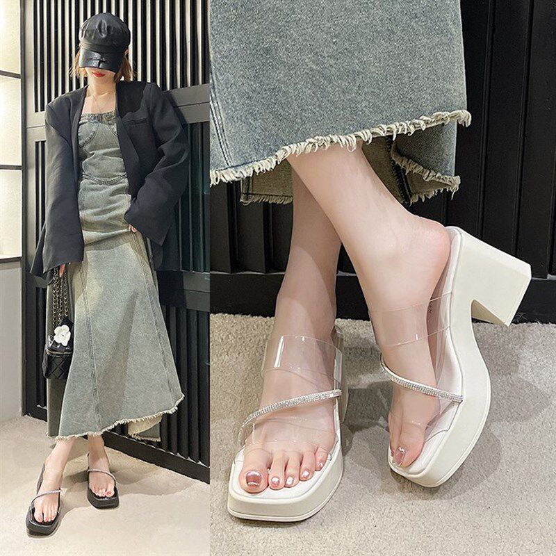 2024b年夏季新款厚底拖鞋女外穿松糕黑色一字拖超高跟坡跟凉拖