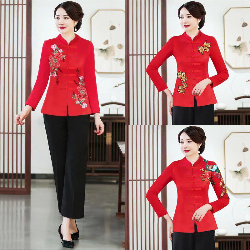 秋冬唐装外套短款旗袍刺绣上衣中国风红色本命年妈妈装洋气礼服女