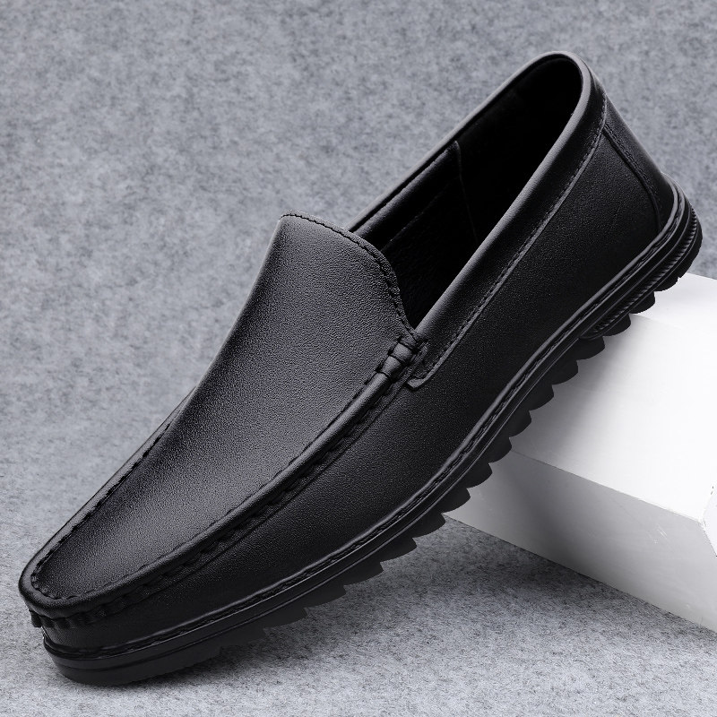 头层牛皮休闲皮鞋男款真皮透气一脚蹬豆豆鞋男百搭中年爸爸鞋软底