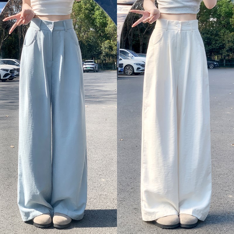 蓝色冰丝山本裤女夏季2025新款高腰垂感直筒小个子休闲西装阔腿裤