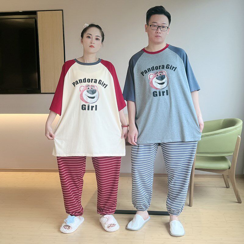 情侣睡衣短袖长裤纯棉外穿草莓熊网红夏天女新款男家居服夏季套装