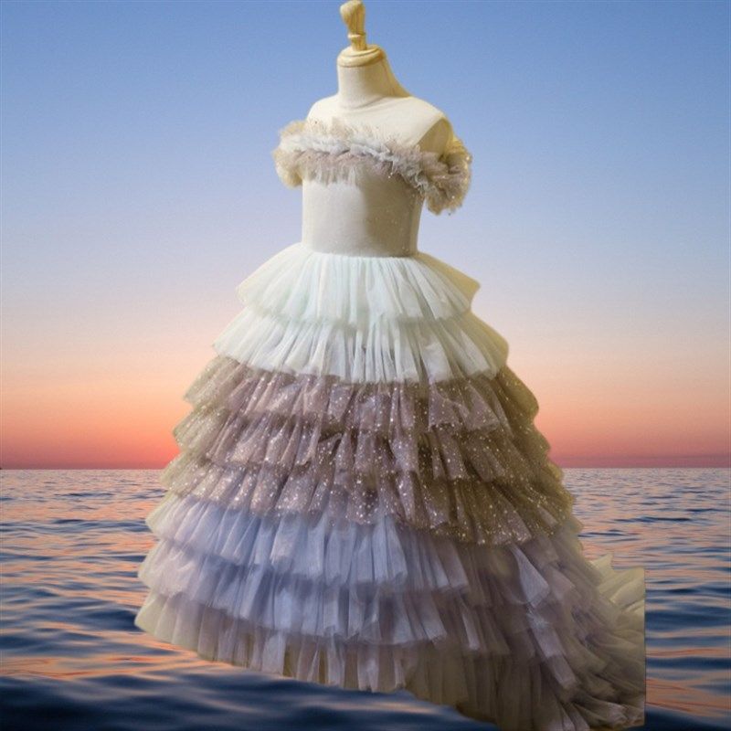 渐变女童拖尾连衣裙儿童蛋糕裙周岁生日公主裙钢琴演奏礼服主持人
