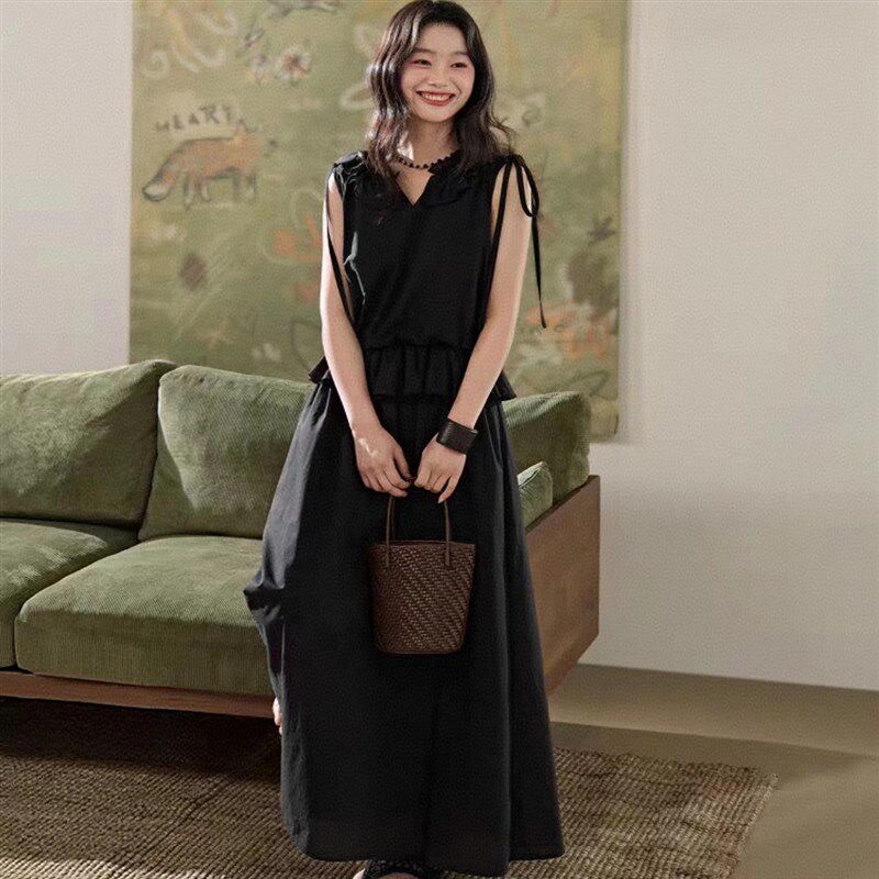 黑色无袖V领背心连衣裙女装2025春夏季新款收腰气质显瘦裙子