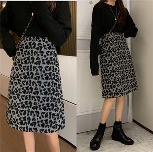 大尺码豹纹半身裙女秋冬胖mm高腰中长毛呢a字包臀裙子适合跨大腿