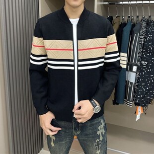 春秋季新款男士高级感棒球领针织夹克外套2023潮流修身开衫毛衣男