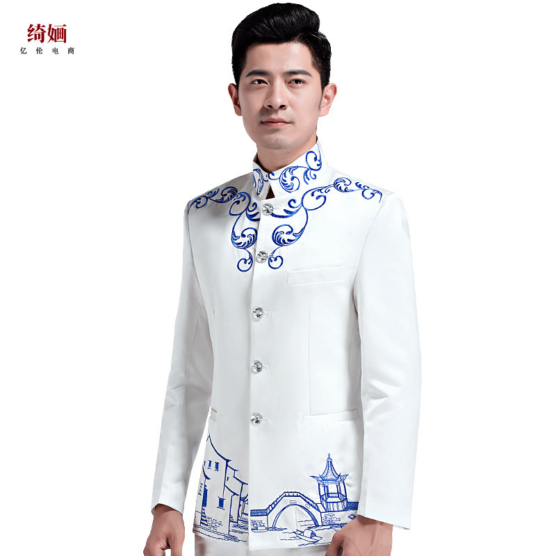中山服青花瓷刺绣大合唱演出服中国风中山装婚礼男主持人礼服大码