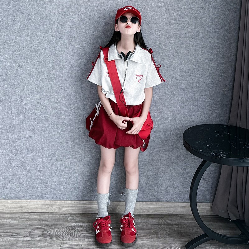 女童套装儿童上衣花苞半身裙裤2025夏新款大童洋气女孩时尚两件套