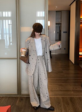 NAZ那子大码秋季新款设计感百搭显瘦西装外套胖mm直筒女长裤套装