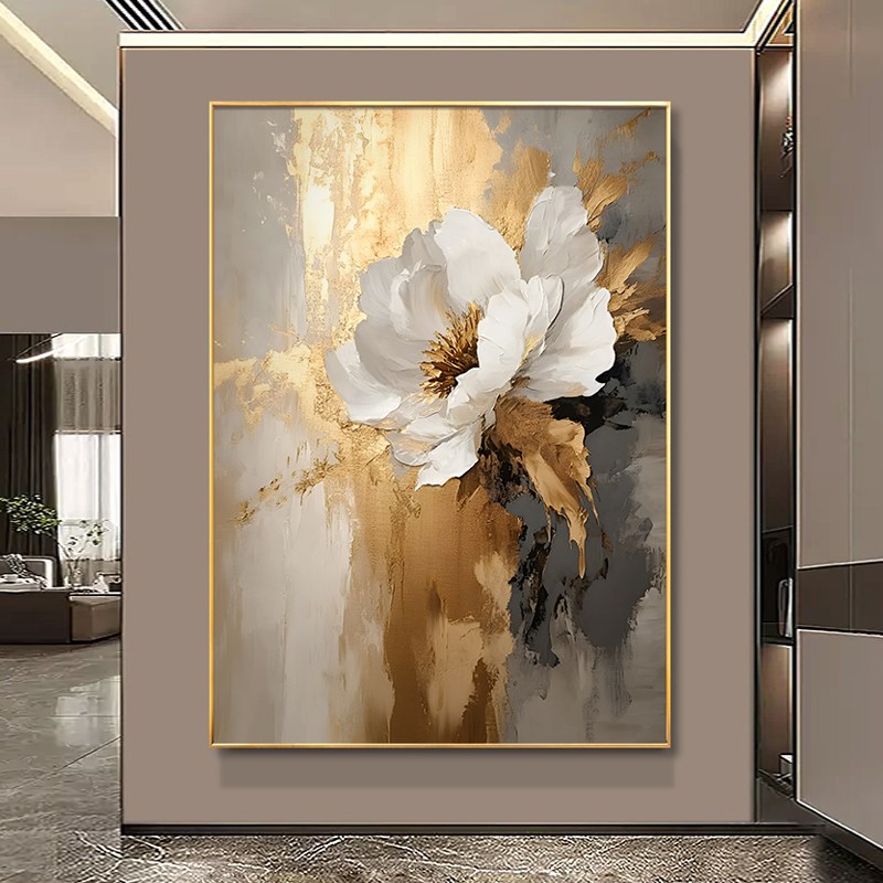 牡丹手绘油画金箔聚财花卉玄关装饰画现代轻奢客厅沙发背景墙挂画图片