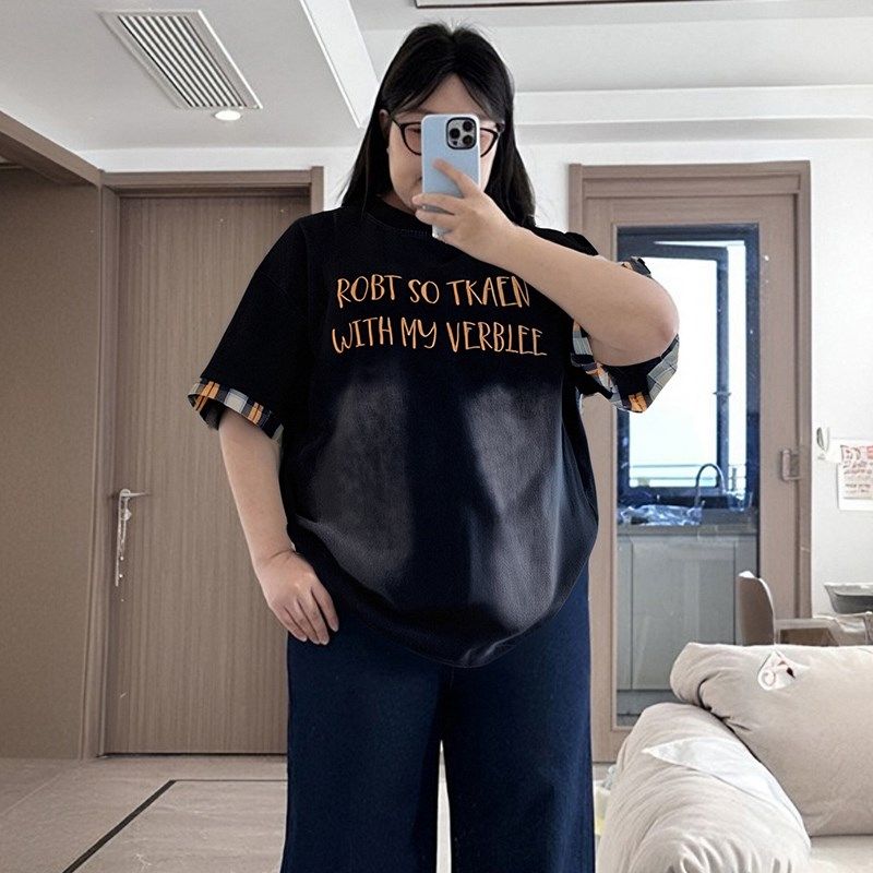 大码女装美式字母刺绣黑色牛仔短袖t恤2025初夏穿搭显瘦宽松上衣