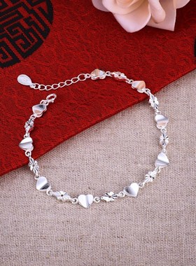 正品990手链女纯银韩版简约个性潮森系闺蜜女士爱心手链七夕礼物